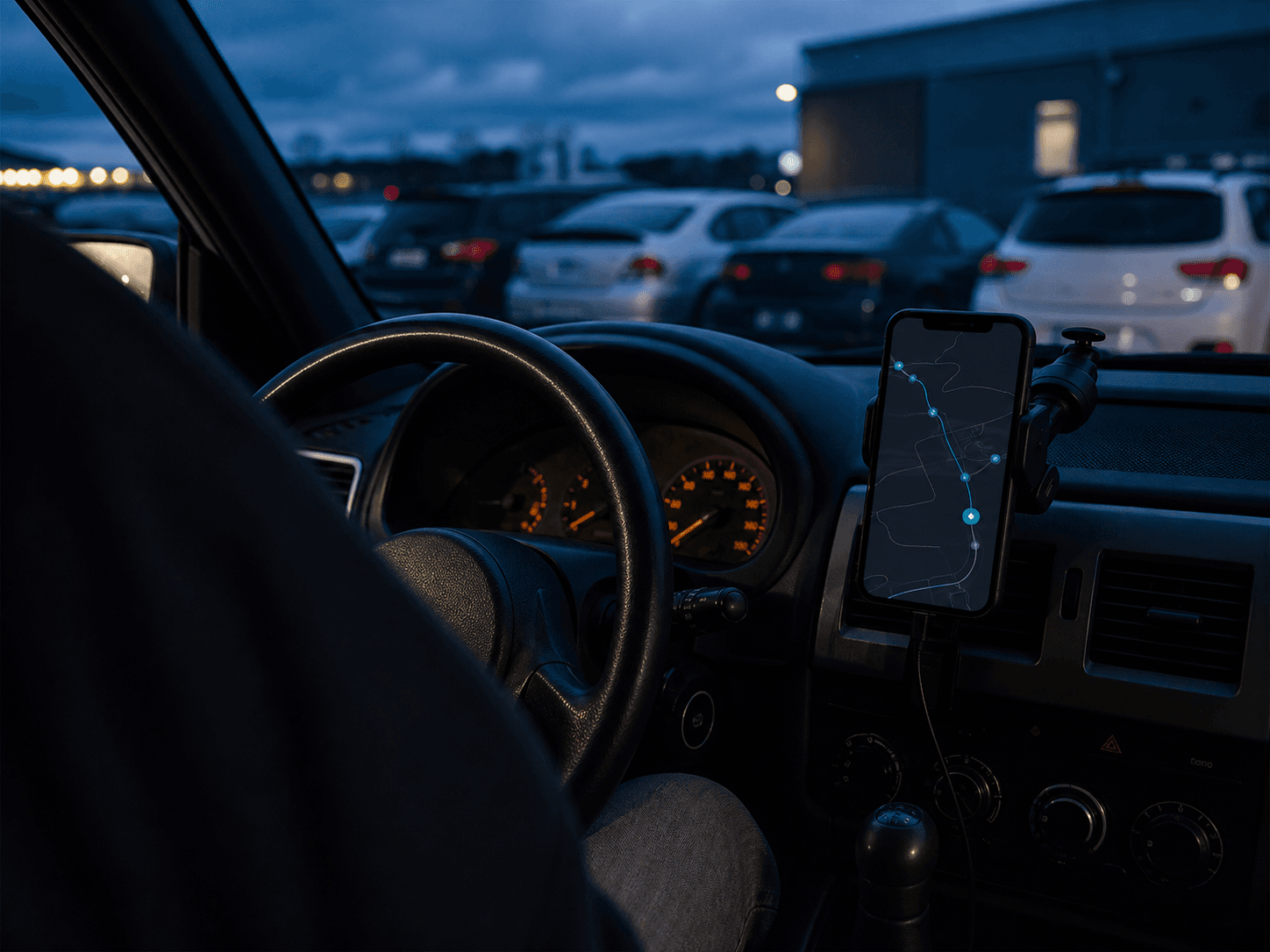 A mounted phone showing a convoy route while the car is parked